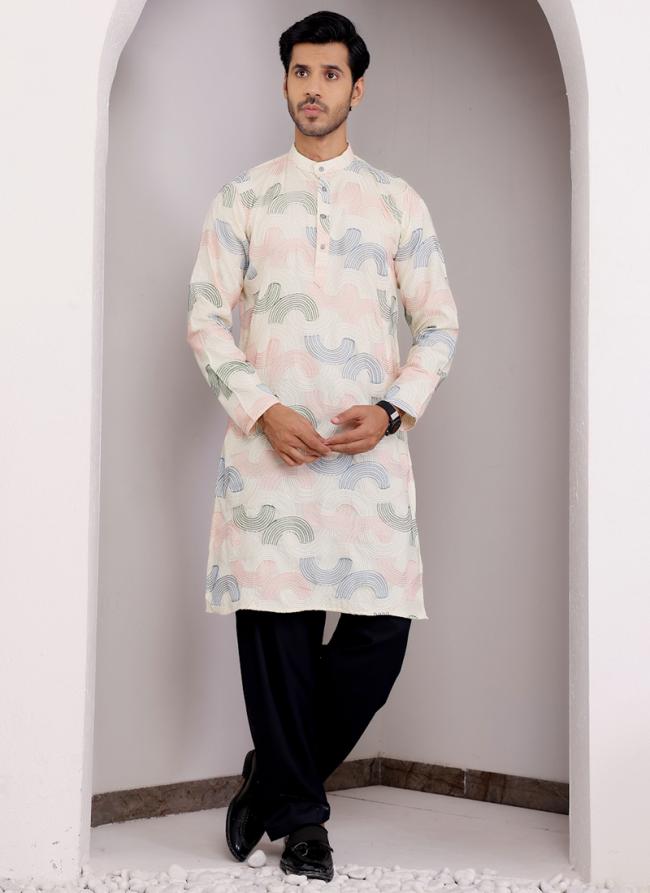 Linen Multi Color Traditional Wear Embroidery Work Readymade Kurta Pajama